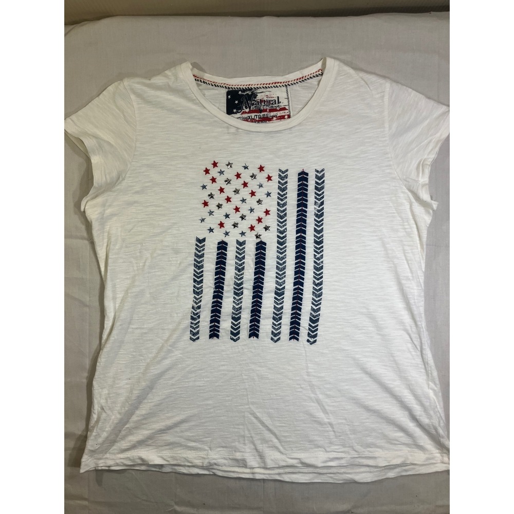 Natural Reflections Womens XL White American Flag Graphic T-Shirt Studded Cotton